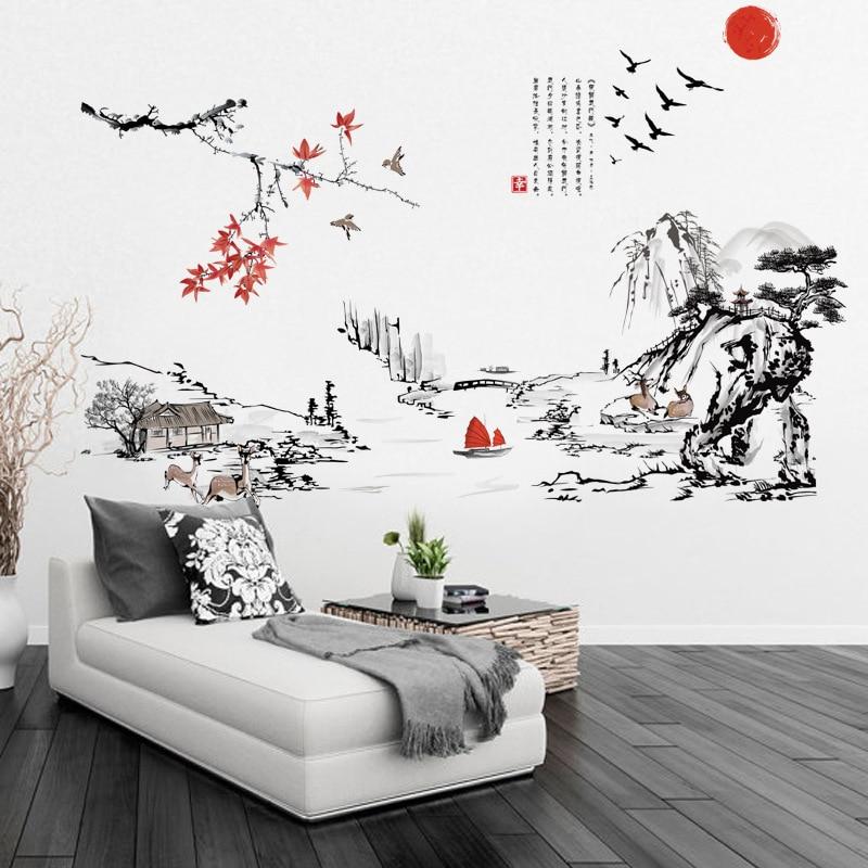 Chinese Style Ink Painting Landscape Art Wall Stickers Living Room Bedroom Background for Home Decoration Mural Decals Wallpaper