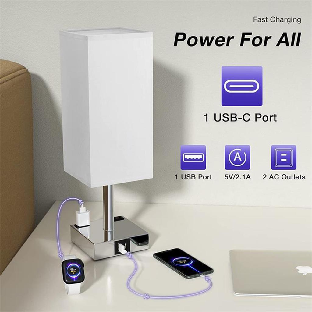 Fabric Bedside Table Lamp Nightstand Lamp with Warm White LED Bulb Desk Light Touch Control USB A