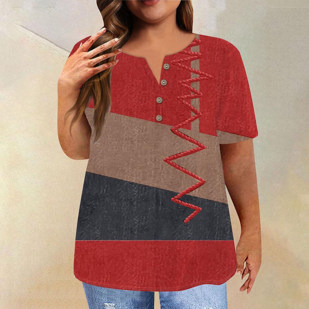 Fashion Short Sleeve Shirt Round Neck Plus Size T-Shirt Geometric Splicing Printed Casual Tops For Women