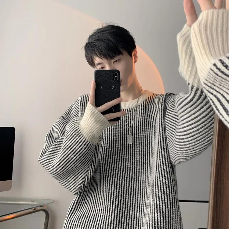 Striped Round Neck Sweater Men's Autumn and Winter Thick Sweater Loose Warm and Comfortable