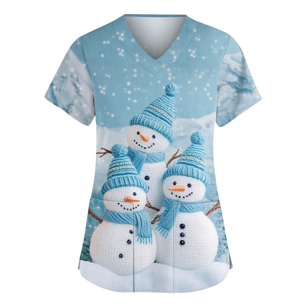 Женский модный рабочий топ с V-образным вырезом, рождественским принтом, короткими рукавами, карманом, боковым разрезом, базовый пуловер