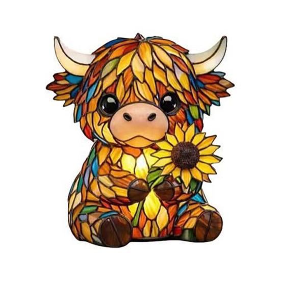 Cute Highland Cow Night Light 3D Resin Stained Glass Cow Table Lamp Rustic Animal Sunflower Bedside Lamp for Home Office Bedroom Living Room Desk