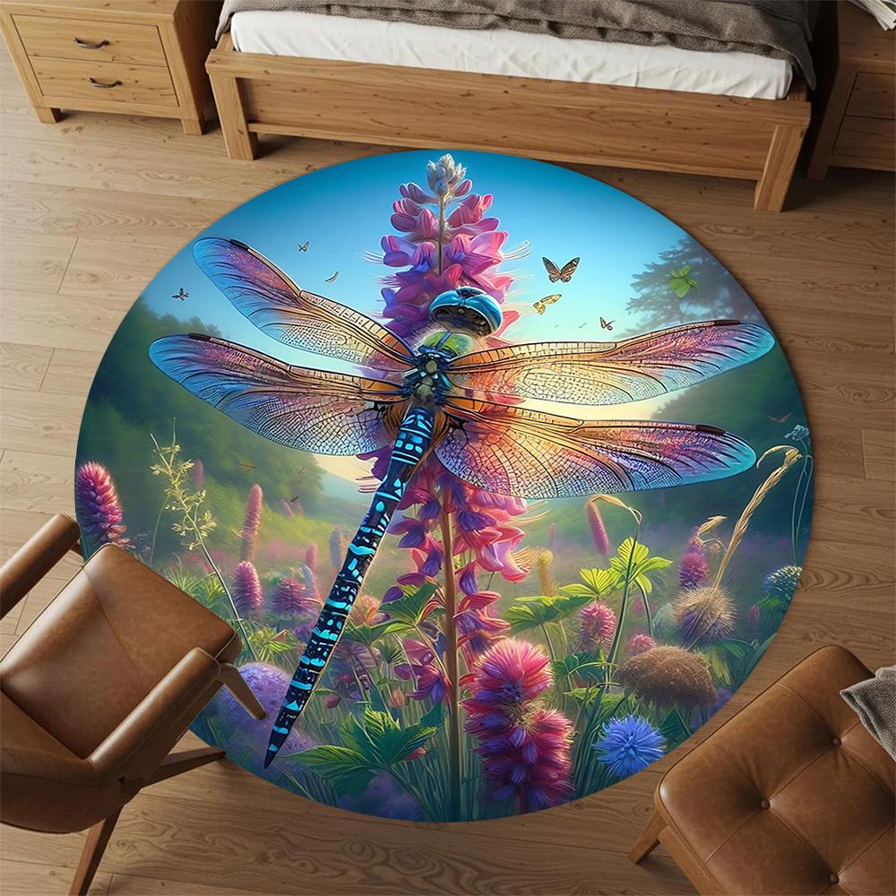1pc Dragonfly Wildflowers Round Chair mat Area Rug - Non-Slip, Floor Mat for Office, Bedroom, and Indoor Decor -1002245