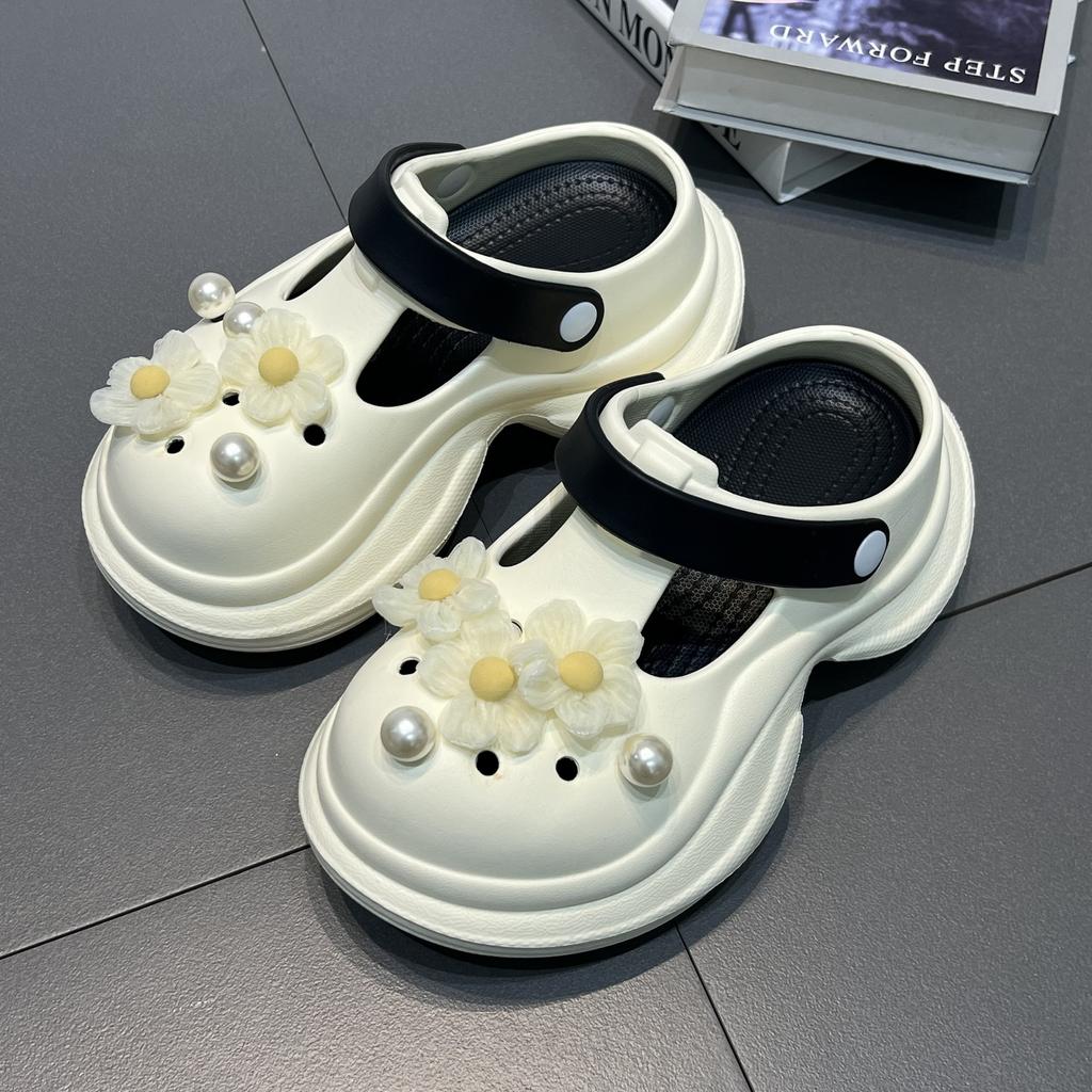 Small Yellow Flower Pearl Hole Shoes Women's Summer New Breathable Comfortable Heightening Thick-soled Outer Bag Head Slippers