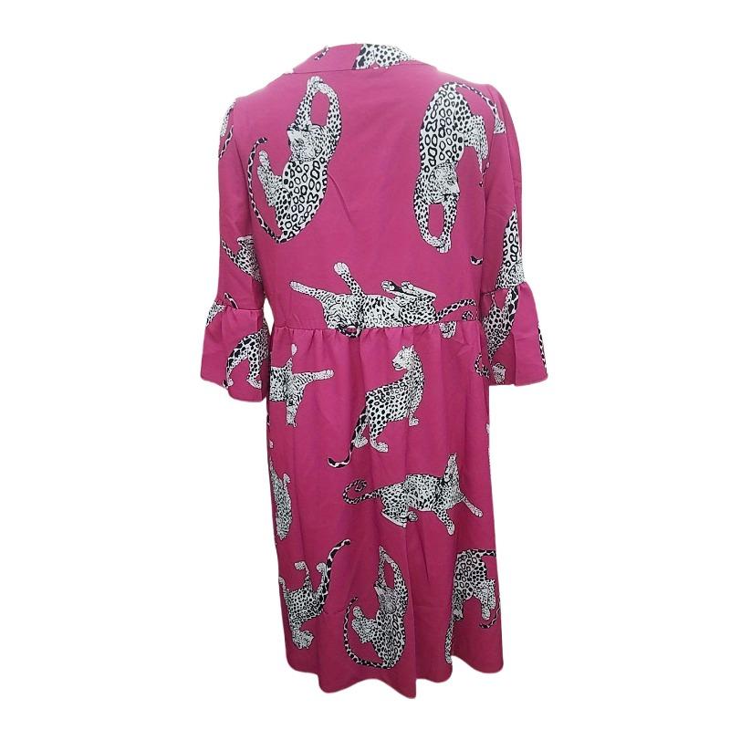 Летнее элегантное женское платье с леопардовым принтом на пуговицах и рукавами-трубами