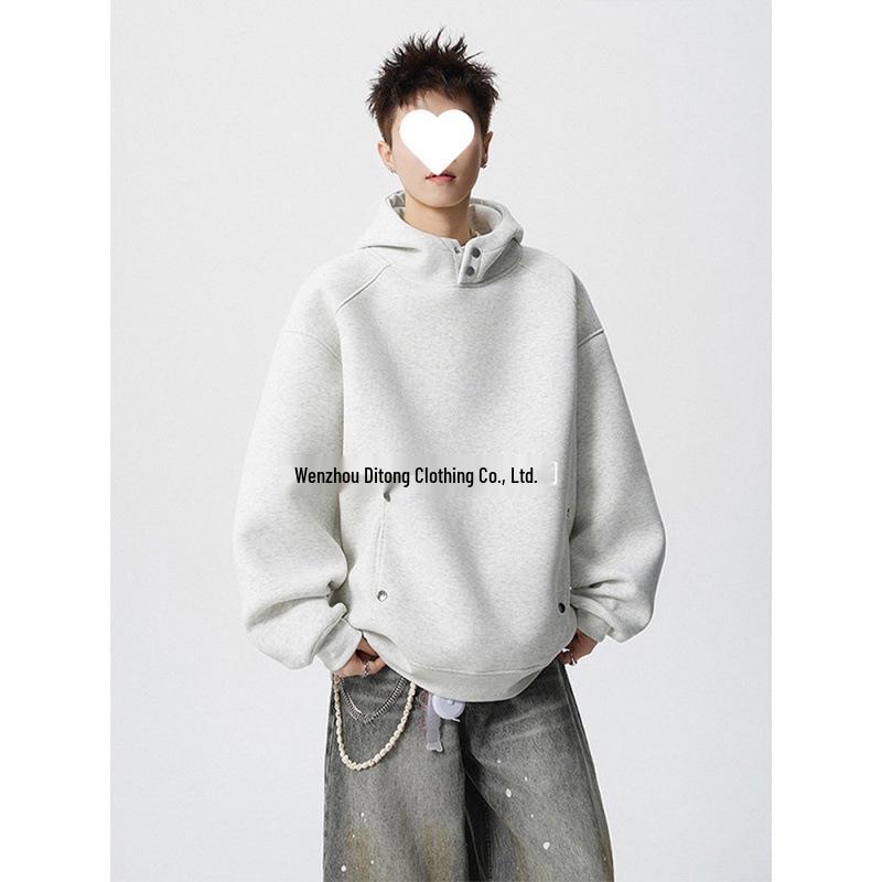 Men's American-Style Heavyweight Half-High Collar Button-Up Hoodie - Autumn/Winter Trendy, Loose Fit, Plus Velvet, Thickened Jacket.