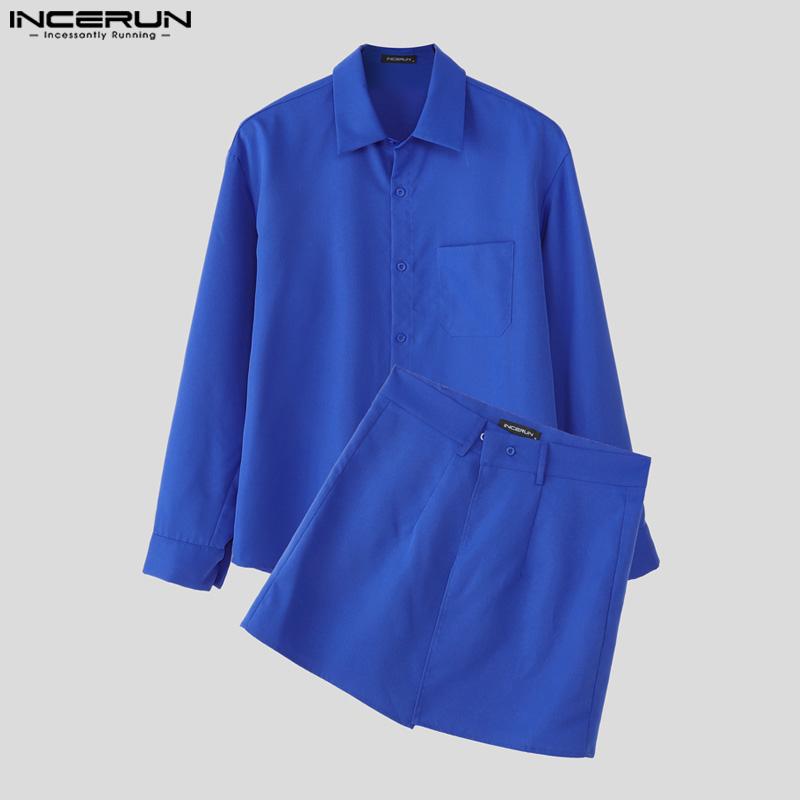 Men Incerun Pieces Two Long Sleeve Buttons Shirts With Wrap Hem Sets