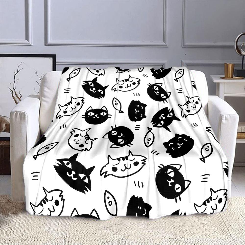 Cartoon Cats and Fish Pattern Blanket Patterned flannel blanket perfect for the bedroom living room, sofa, or a little nap