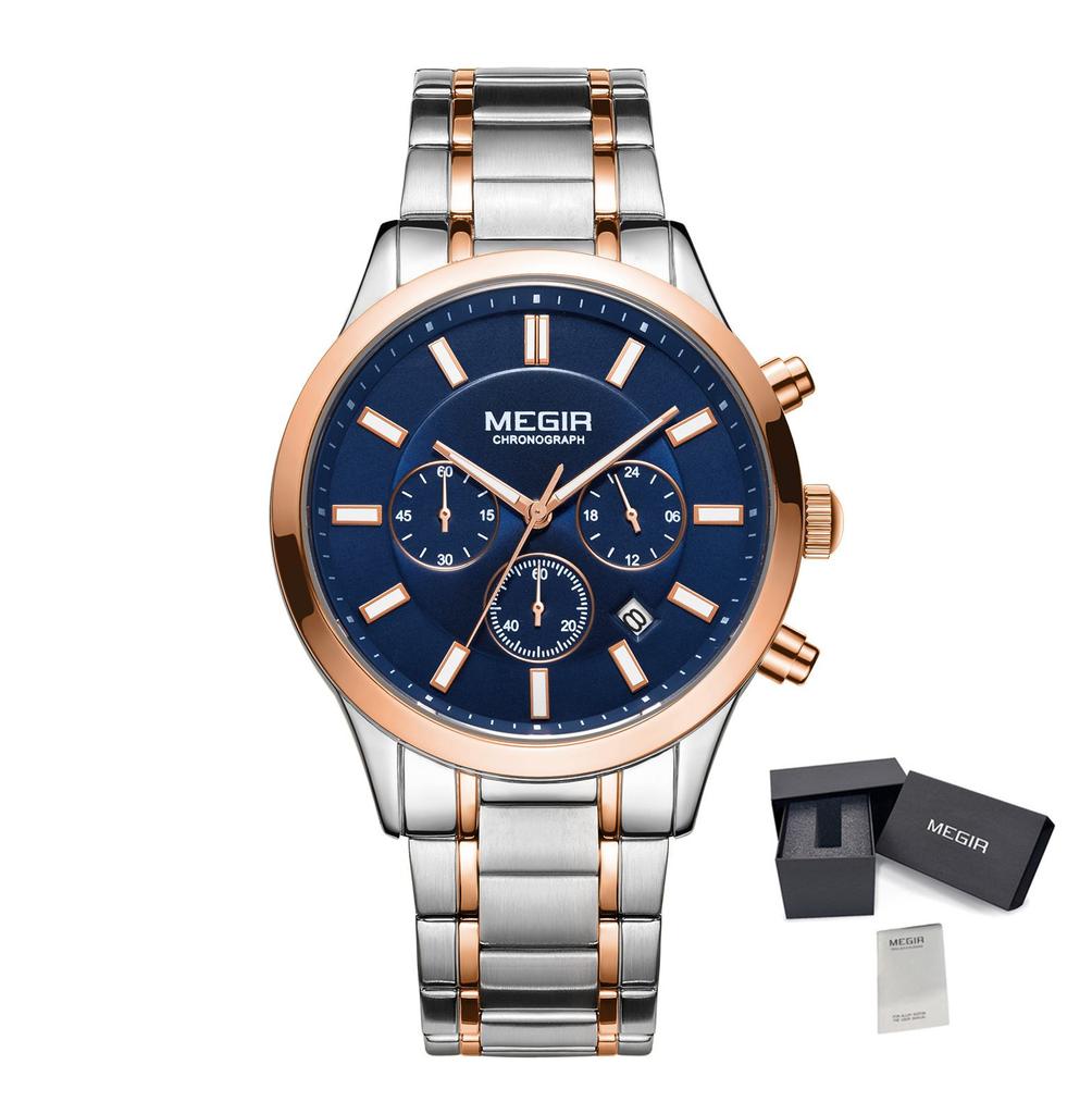 MEGIR Luxury Men Watches Stainless Steel Bracelet Quartz Chronograph Gold Big Dial Luminous Male Wristwatch Montre Homme 2150