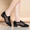 Square Heels Block Heel Moccasins Pointed Toe Mesh Low Elegant Chunky Normal Leather Casual Hollow Black Shoes for Women Shoe L