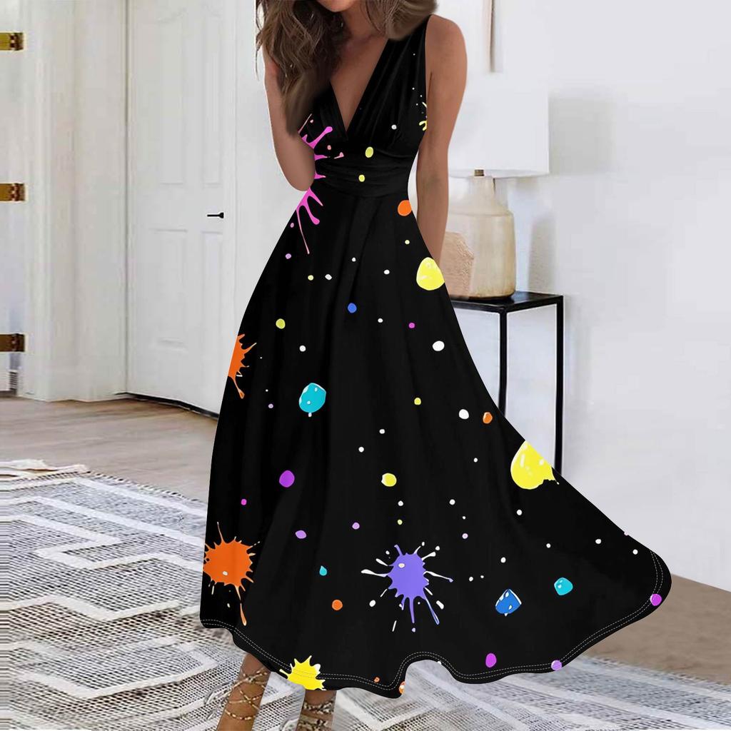Женские модные повседневные свободные платья с V-образным вырезом без рукавов с принтом