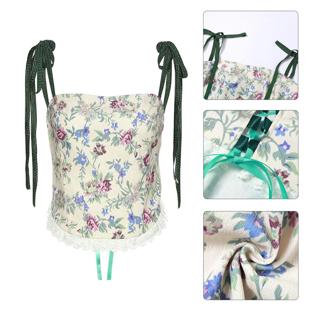 Floral Bustier Crop Top Corset With Straps Womens Camisole for Tank Tops Backless Bustier Lace Up Print Camisole Tops