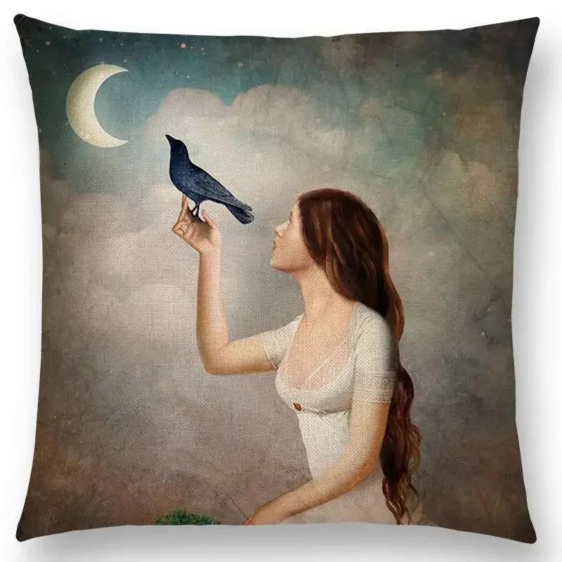 45x45cm Elegant Women Lovely Girl Shakespeare Fantasy Painting Moon Night Swan Dream Tree Cushion Cover Sofa Throw Pillow Cover