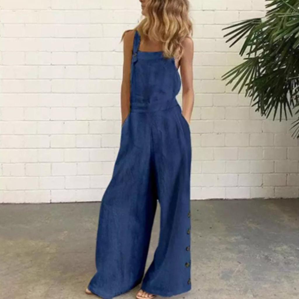 Women's Casual Solid Color Denim Side Pockets Wide Leg Side Button Jumpsuit