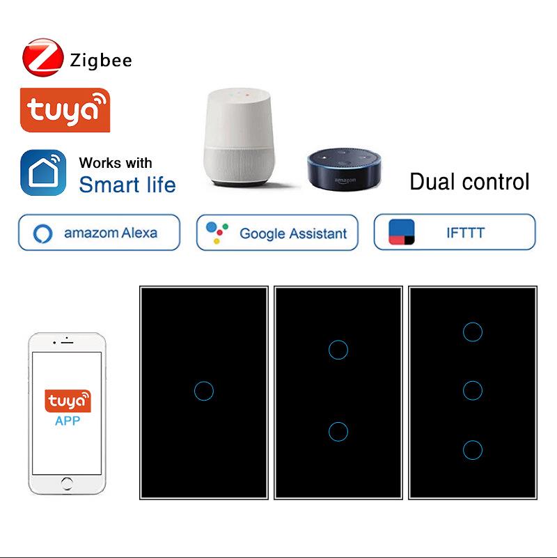 Умный стеклянный выключатель US Standard Zigbee с голосовым управлением Alexa, поддержкой приложения и настраиваемым одинарным выключателем (ноль-фаза)