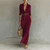 Women's Long Sleeve Lapel Button Suede Wrap Long Dress Warm Casual Belted Dress