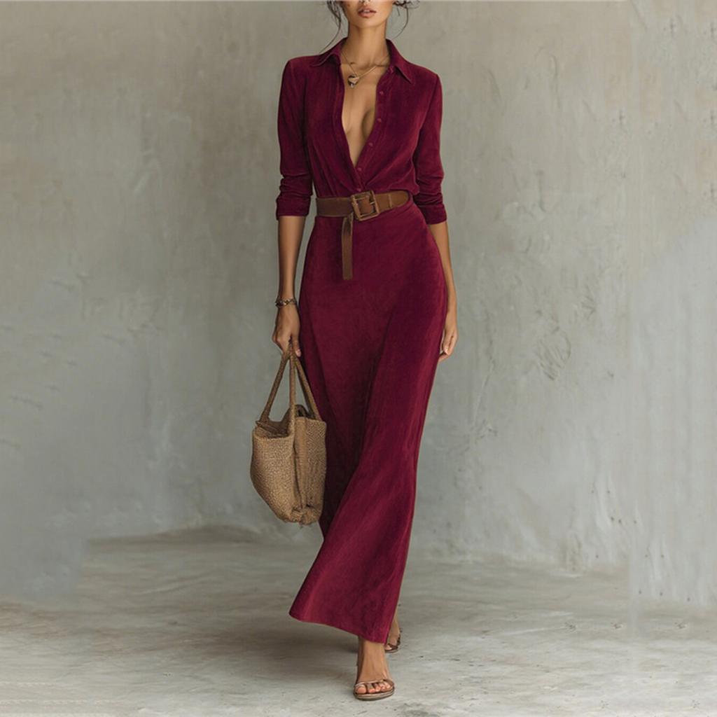 Women's Long Sleeve Lapel Button Suede Wrap Long Dress Warm Casual Belted Dress