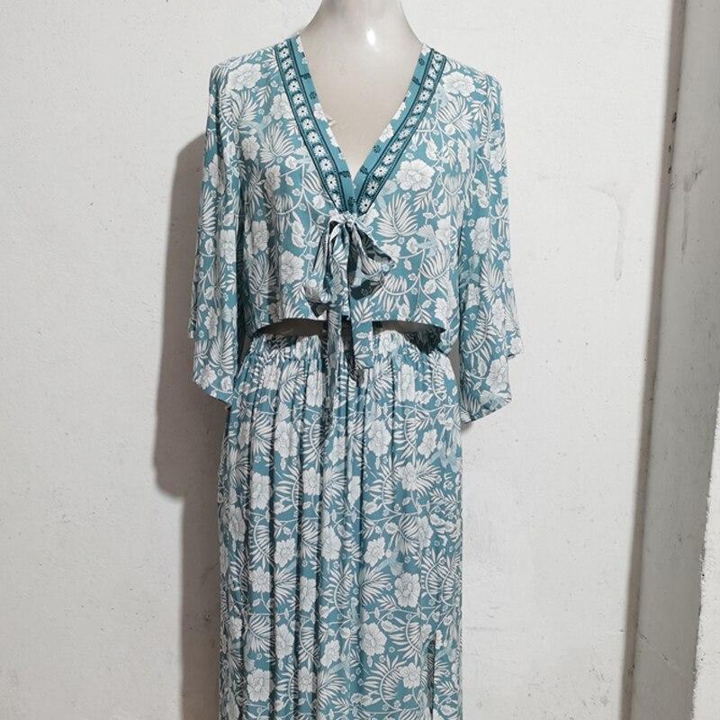 Летнее пляжное богемное платье, женское элегантное сексуальное платье из двух предметов с v-образным вырезом, повседневное длинное платье с цветочным принтом и разрезом, халат Femme 25390