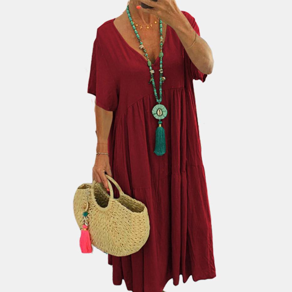 Женское летнее хлопково-льняное платье макси, однотонное, с коротким рукавом, с V-образным вырезом, свободные длинные платья больших размеров