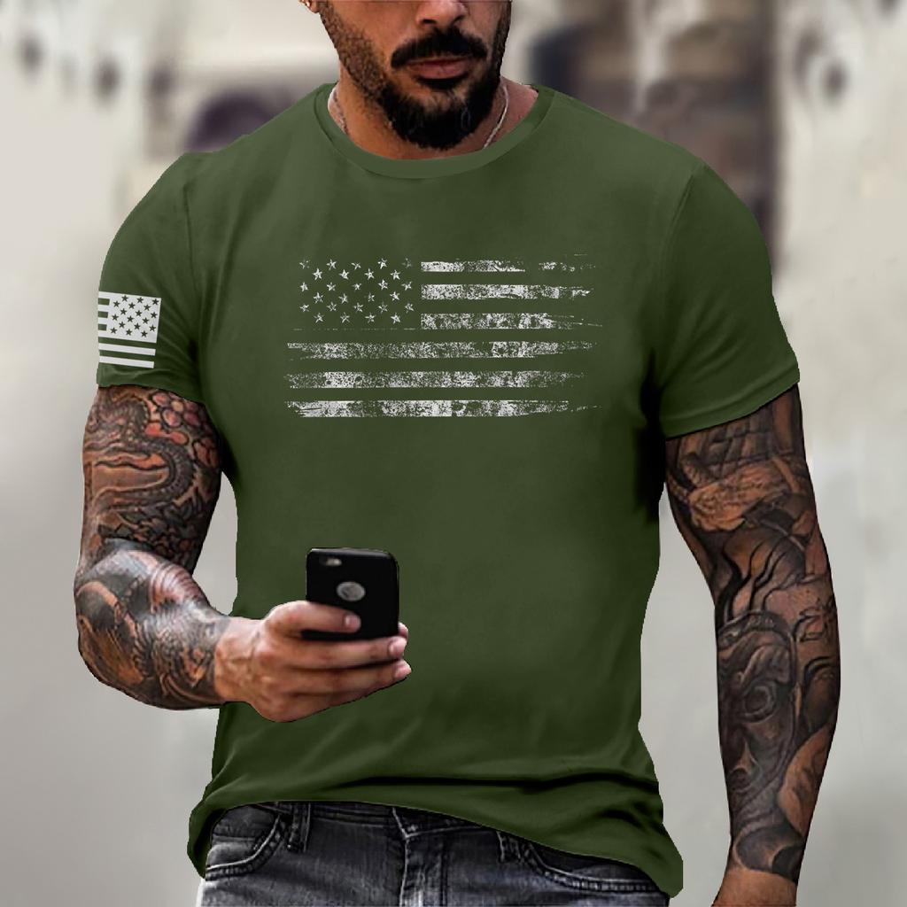 Men's Fashion Casual Short Sleeve Round Neck Independence Day Flag T-Shirt Top