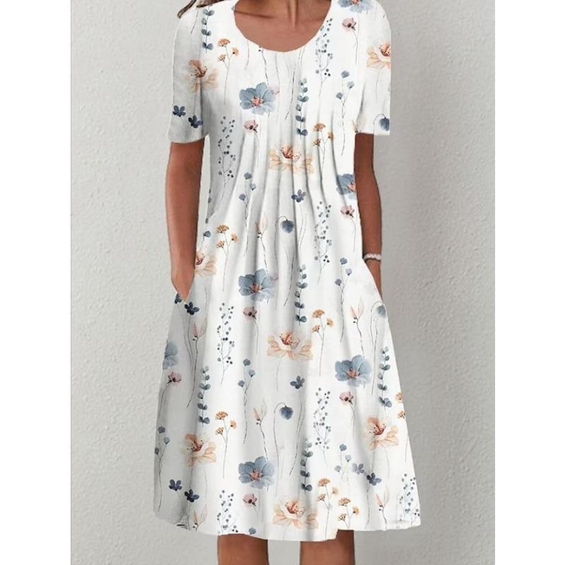 Женская мода лето весна цветочный узор принт короткий рукав О-образный вырез свободная талия повседневные платья