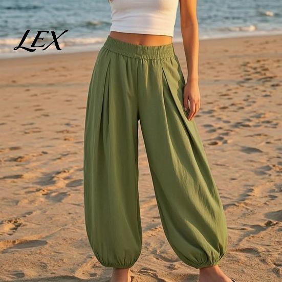 Lightweight Balloon Trousers Women Wide Leg Barrel Pants, Casual High Waisted Pleated Palazzo Pants Trousers, Solid Color Baggy Soft Lounge