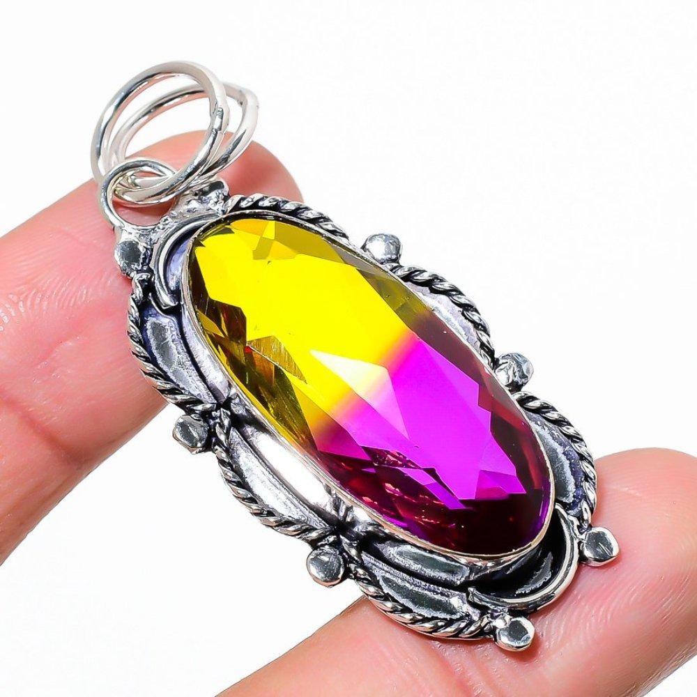 Bi-Color Tourmaline Gemstone 925 Sterling Silver Jewelry Pendant 2.36" H0f03
