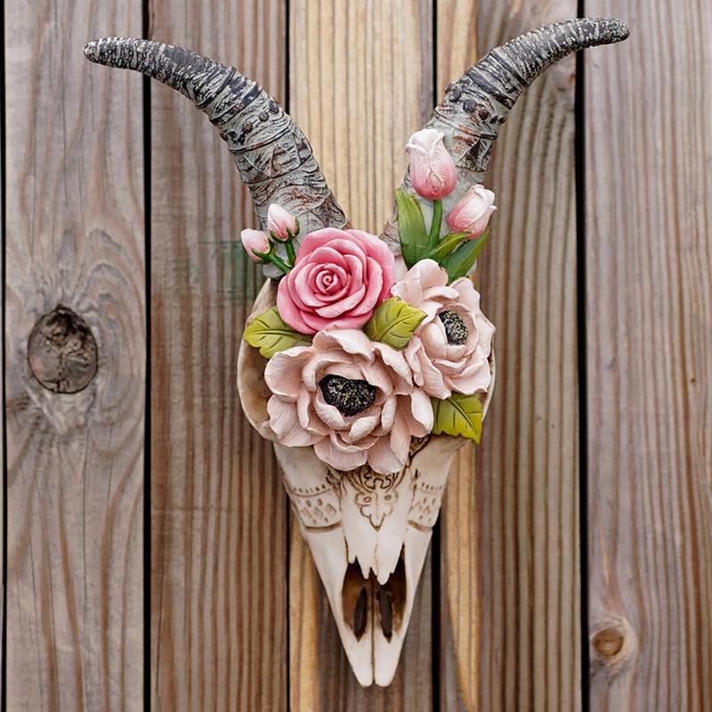 Wall Sculpture Simulation Flower Goat Skull Artwork Props 3D Animal Crafts Decor
