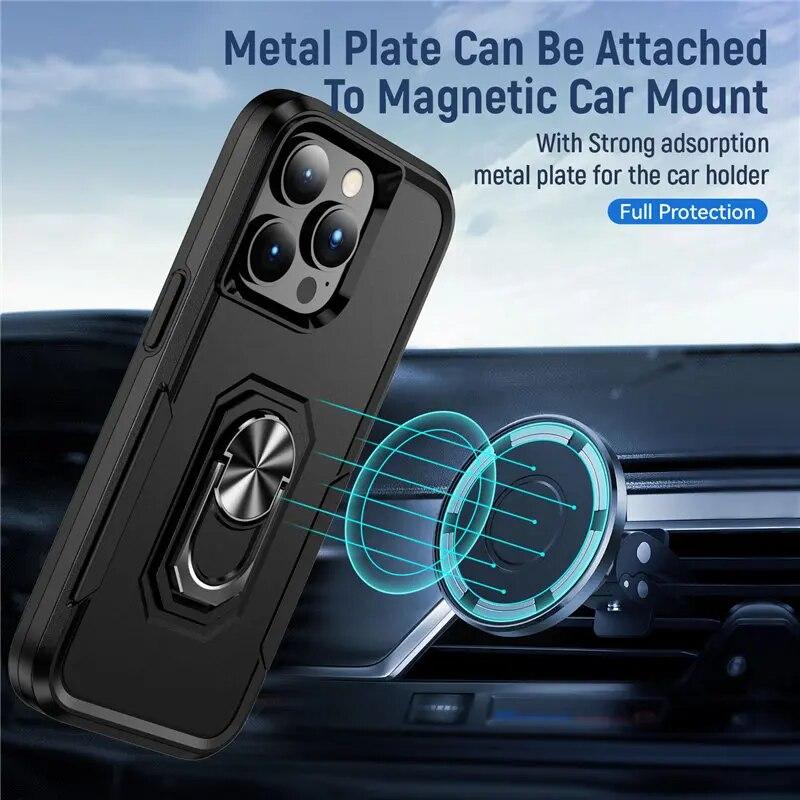 Armor Shockproof Magnetic Ring Phone Case For iPhone 13 11 12 14 Pro Max XR X XS Max 13Pro Hard PC Ring Holder Bumper Back Cover