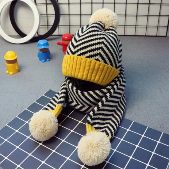 2 шт./компл. Детская осенне-зимняя шапка и шарф, плюшевый помпон, полосатый принт, шапка без полей, вязаный шарф