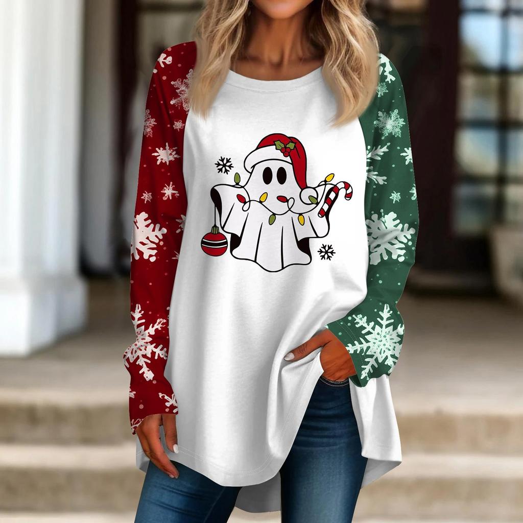 Women's Casual  Plus Size Long Sleeved Round Neck Christmas Printed T-shirt Top Pullover