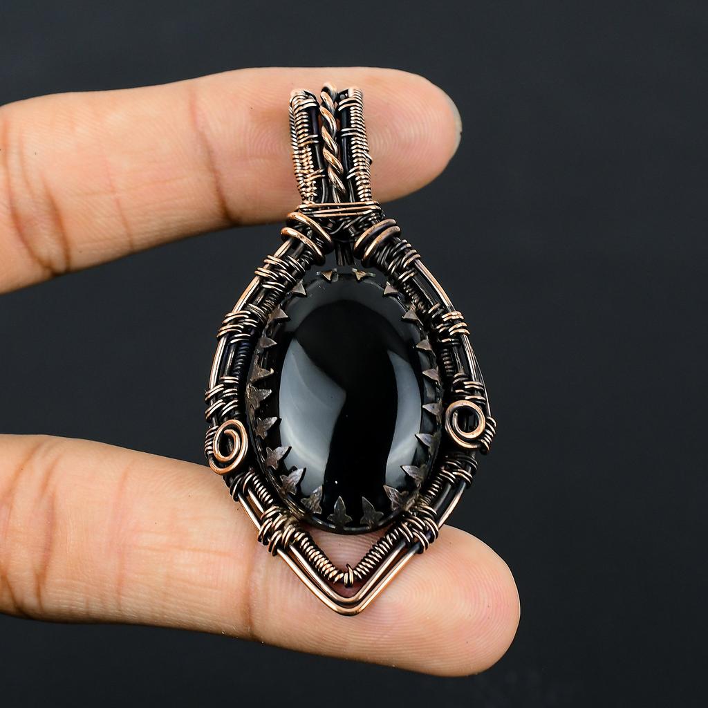 Подвеска ручной работы из медной проволоки из натурального черного оникса 2,56 дюйма Y7q89