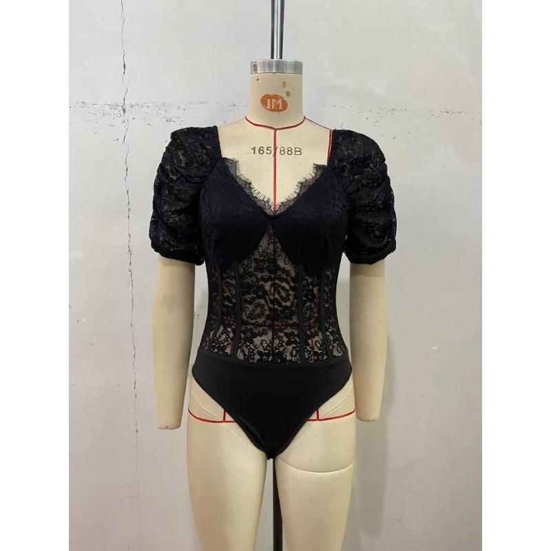 Женские ретро романтичные сексуальные кружевные боди с глубоким V-образным вырезом, однотонные, с пышными рукавами