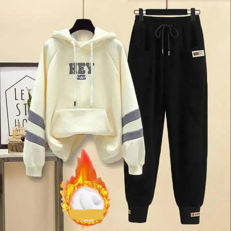 Осенне-зимний женский теплый флисовый комплект из толстовок с капюшоном в стиле пэчворк, повседневная рабочая одежда, брюки, комплект из двух предметов, женский спортивный костюм для бега