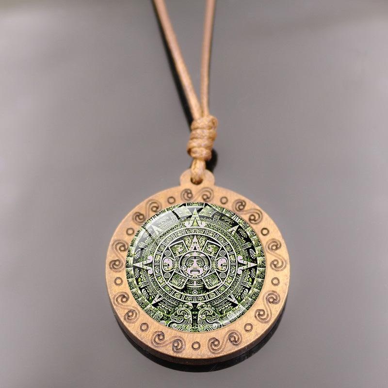 Aztec Calendar Stone Pattern Wooden Women's Jewelry Mayan Calendar Vintage Pendant Necklace