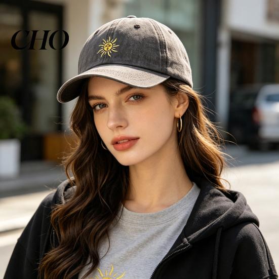 Summer Baseball Hat Embroidery Sun Pattern Hat, Adjustable Back Buckle Retro Distressed Lightweight Style Cap, Washed Cotton Fabric Outdoor