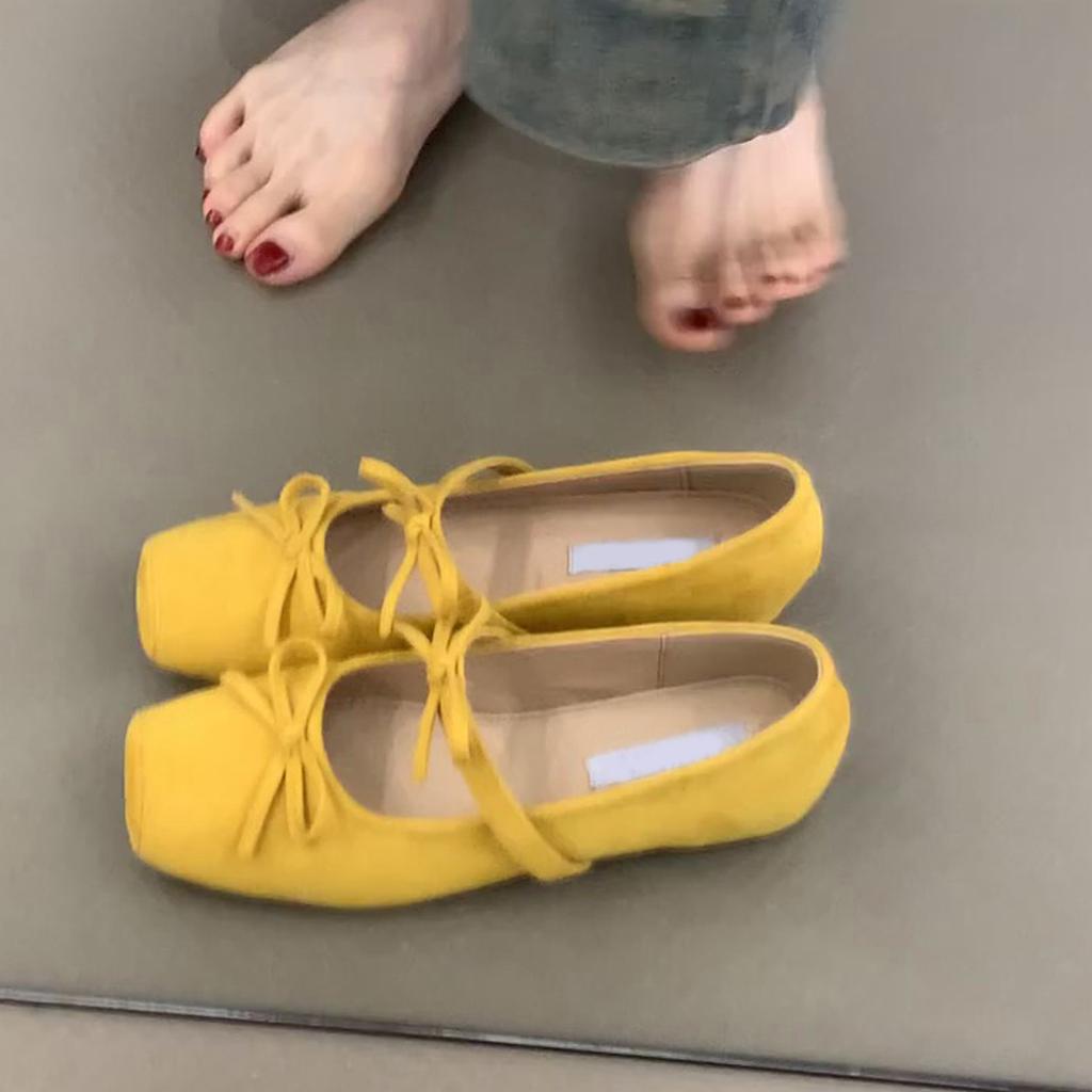 Sheepskin Version~ Square Head Bow Ballet Shoes Gentle French Inner Height Increase Mary Jane Shoes Evening Wind Shallow Mouth Single Shoes
