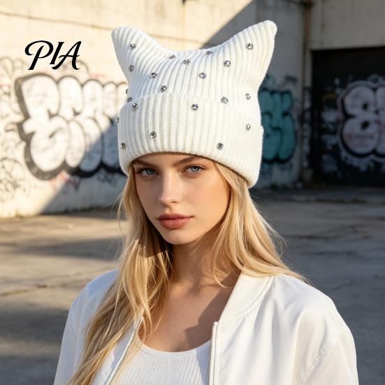 Warm Winter Gift for Her Cat Ear Hat Women Girls, Striped Slouchy Crochet Headgear Cute Animal Cap with Shiny Rhinestones, Knitted Playful Accessory