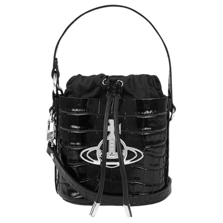 Vivienne Westwood Daisy Fashion Silver Hardware Drawstring Closure Crocodile Embossed Texture Bucket Bag Women handbags Black 43020023L003IN401