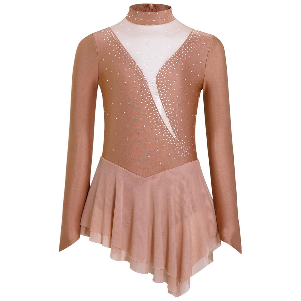 Girls Figure Skating Dress Sheer Mesh Patchwork Glittery Rhinestones Long Sleeve