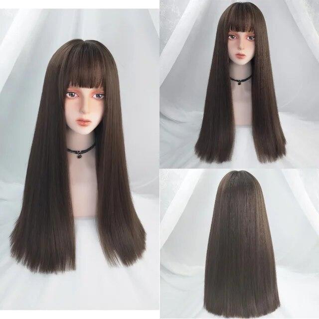 Темно-синий длинный прямой синтетический парик Лолиты для косплея с челкой для женщин, вечерние головные уборы, красные, розовые, светлые волосы