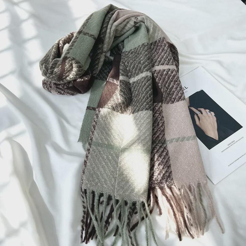 Korean Style Plaid Cashmere-Like Tassel Scarf for Women - Warm, Thick, and Ideal for Autumn and Winter