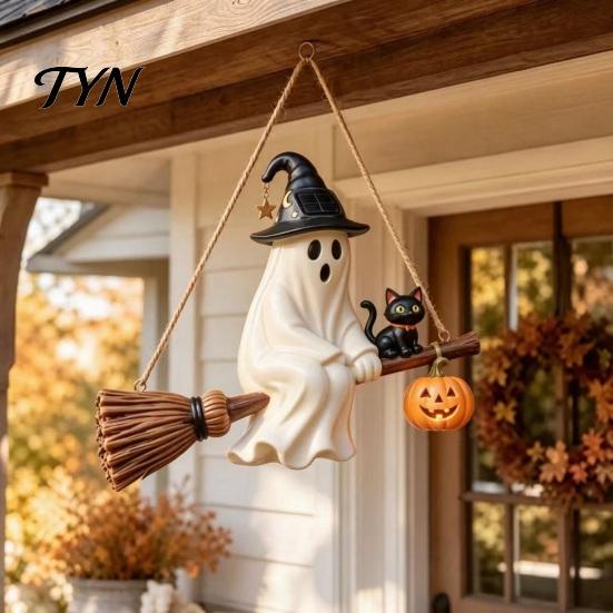 Solar Powered Ghost Lights Hanging Light, Halloween Resin Flying on Broom Ornament, Waterproof Outdoor Light Seasonal Atmosphere Decor Up Lamp,