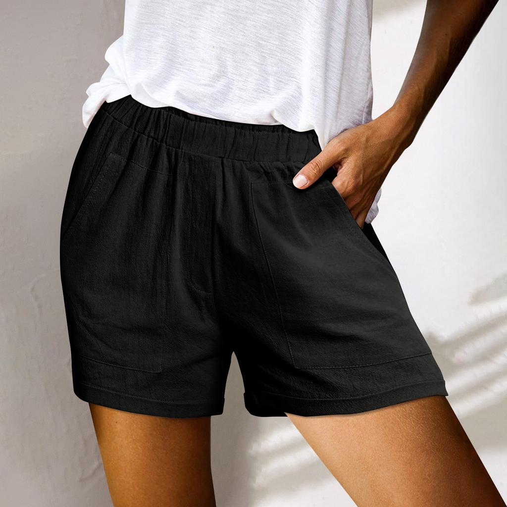 Женские льняные шорты, повседневные широкие брюки, летние рабочие плиссированные шорты с эластичной резинкой на талии, пляжные шорты с карманами