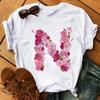 26 Letters Print T-Shirt Alphabet with Pink Flower Harajuku White Graphic Tee Casual Short Sleeve Lady Y2k Tops Women's Clothing