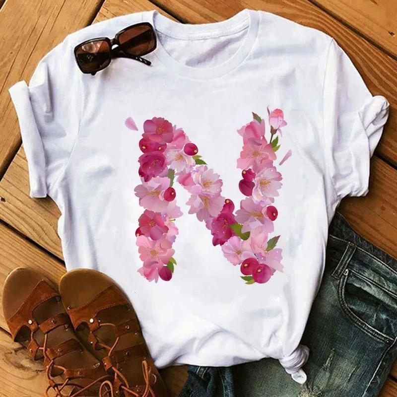 26 Letters Print T-Shirt Alphabet with Pink Flower Harajuku White Graphic Tee Casual Short Sleeve Lady Y2k Tops Women's Clothing