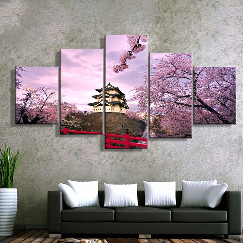 Japanese Cherry Blossom Paintings On Canvas, Vintage Posters and Prints, Living Room Pictures, Home Decoration, 5 Panels