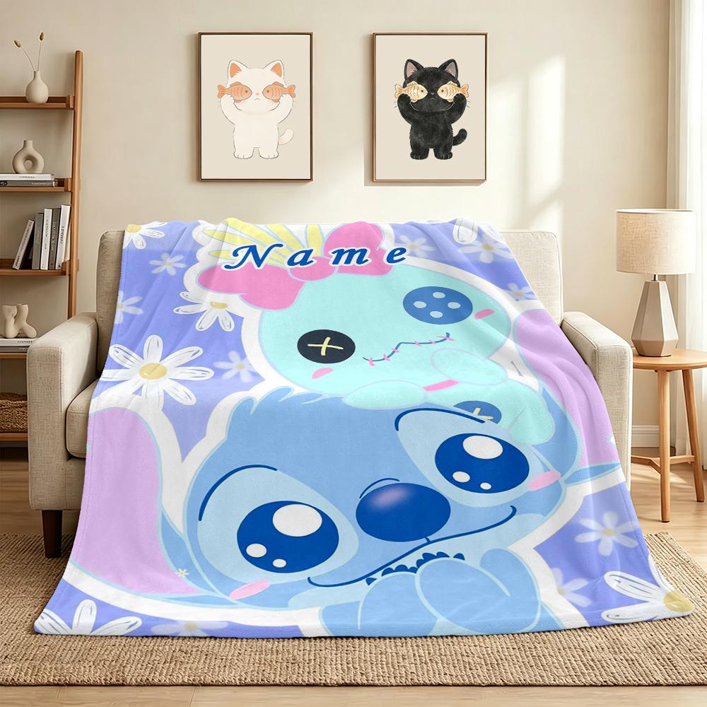 Custom Name Stitch Blue Flannel Blanket Throw Blanket Soft Warm Sofa Bed home Decor Unique Gift