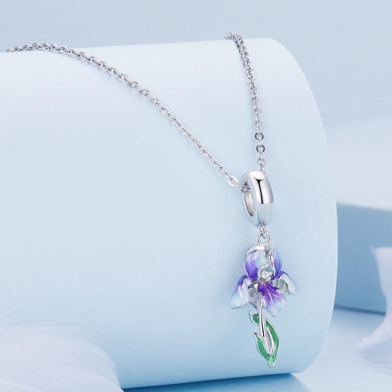 BAMOER Стерлингового Серебра 925 пробы Цветок Ириса Висячие Бусины Фиолетовый Постепенный Эмаль Подвески для Женщин Браслет и Ожерелье Ювелирные Изделия DIY