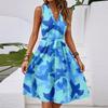 Women's Spring And Summer Casual V-Neck Sleeveless Waist Floral Print Midi Dress